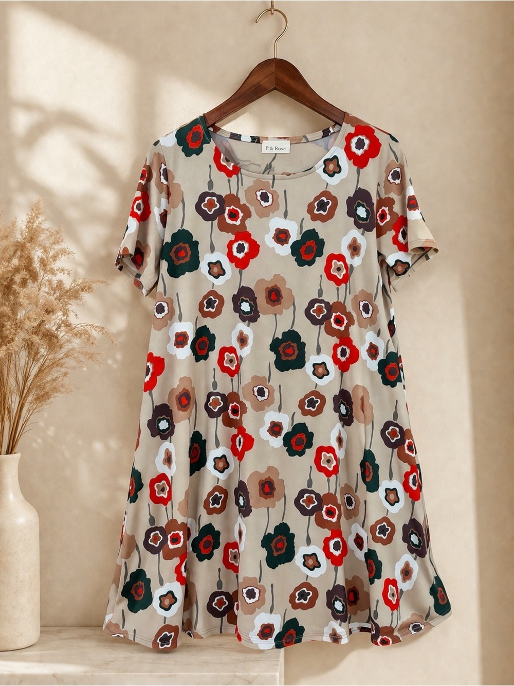P & Rose Floral Tunic Top Large Beige Poppy Print Swing Boho Dressy